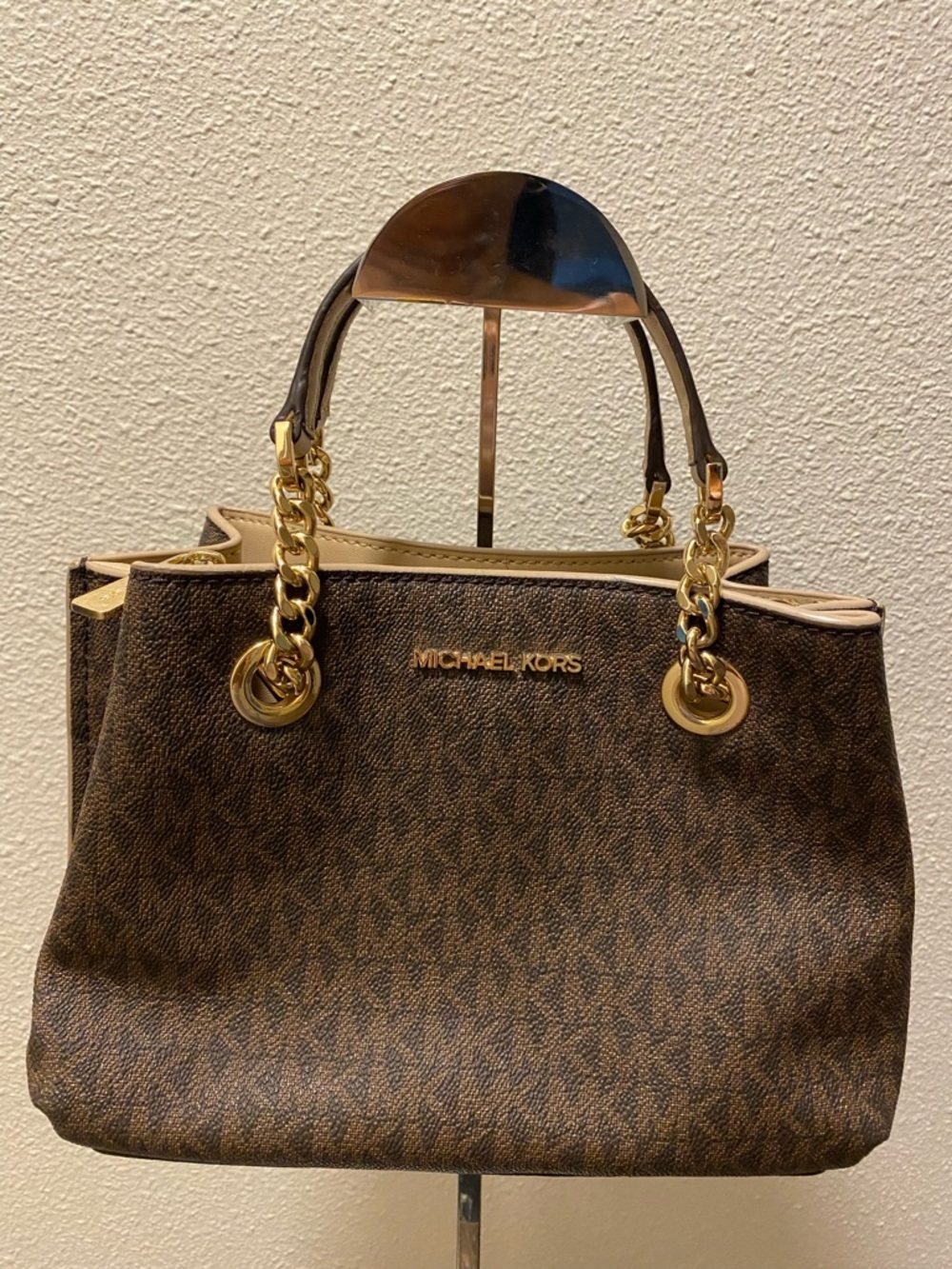 Michael Kors Brown Logo Satchel with Gold Chain Handles